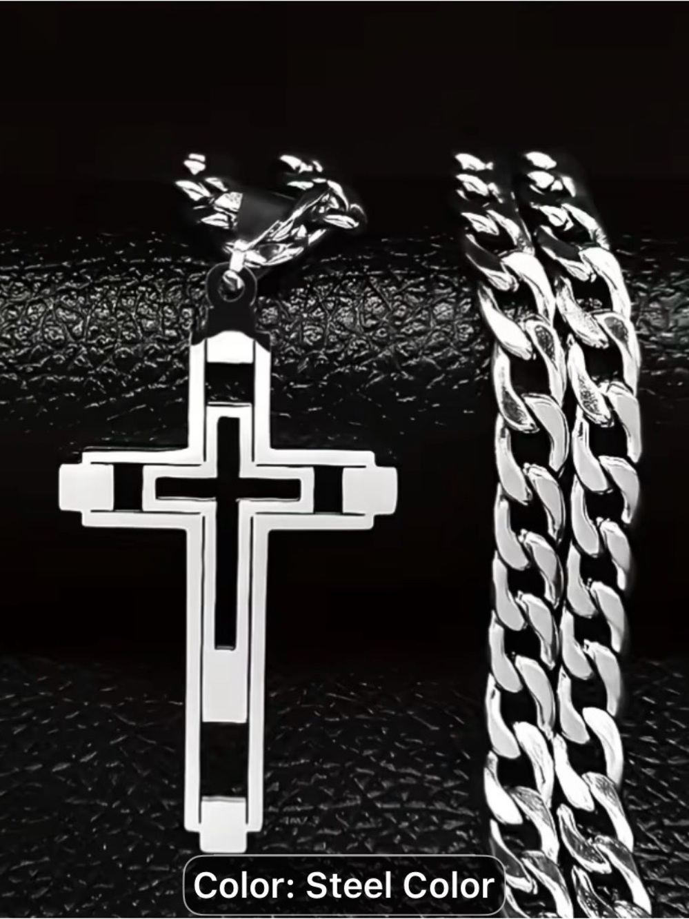 Steel-Colored Double Cross Pendant Necklace